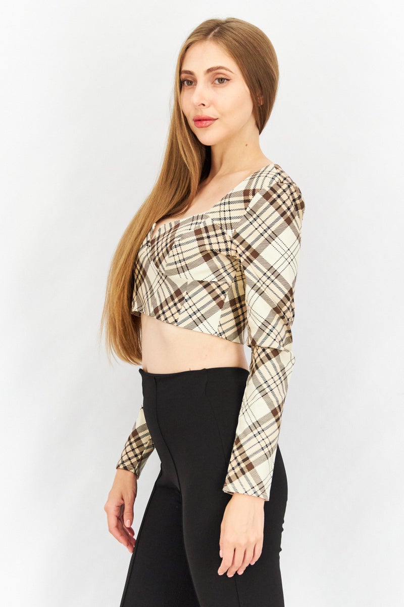 TOPSHOP Women Split Neck Long Sleeve Checked Crop Top, Cream - Image 2